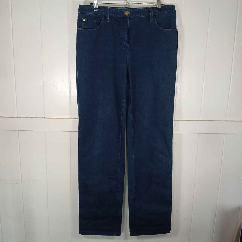 St. John Sport Jeans Women 12 Tall Blue Dark Wash Straight Leg High Rise Denim